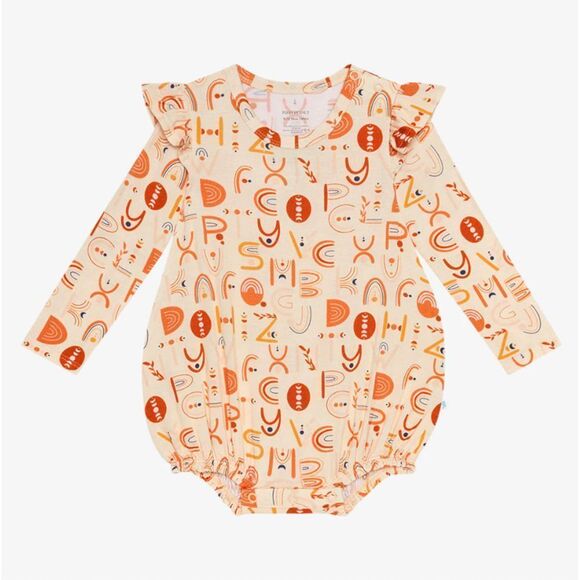 Posh Peanut Long Sleeve Ruffled Bubble Romper - Alphabet Medley Size 6-12M - Picture 1 of 6